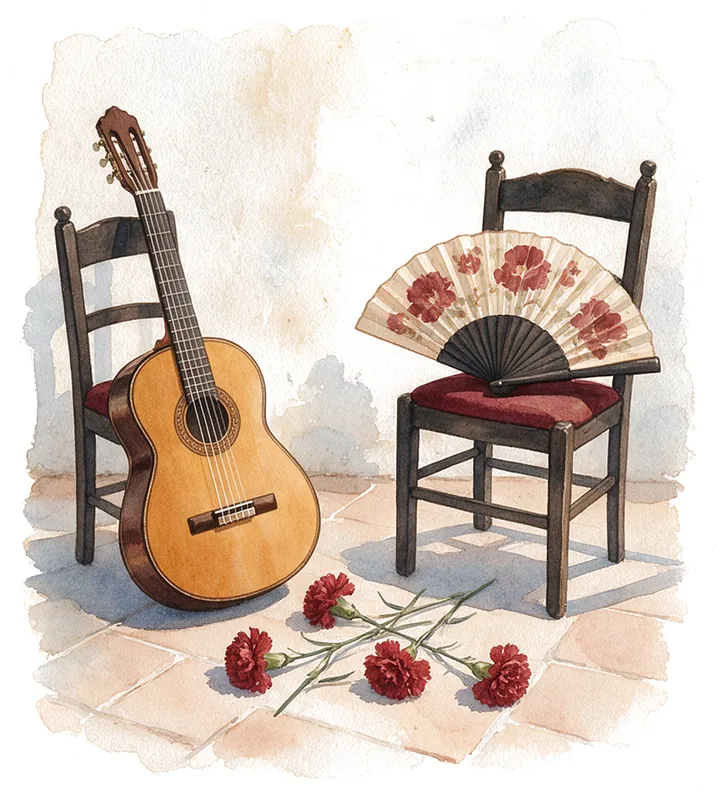 Acuarela de una guitarra española y un abanico